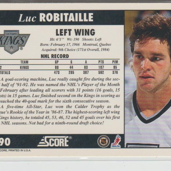 Luc Robitaille 1992-93 Score 92 #290 L. A. Kings - Picture 2 of 2